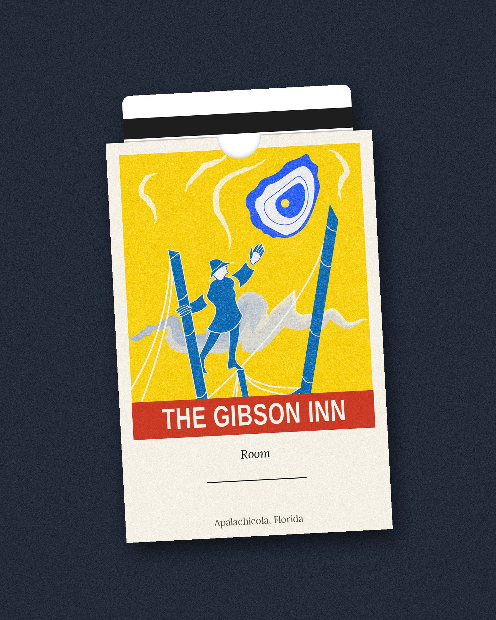 Gibson Inn keycard sleeve with the oysterman artwork and a room number line