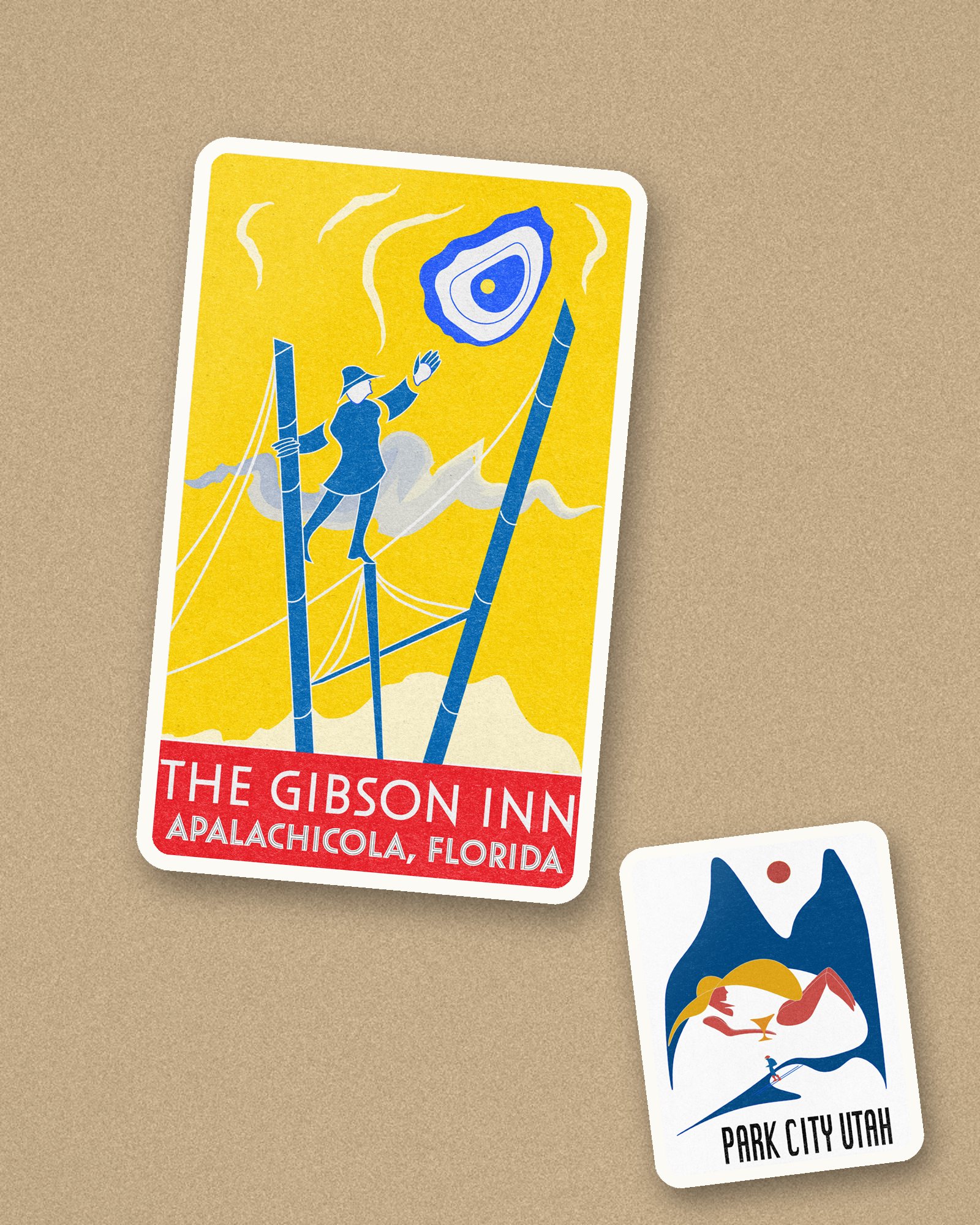 Gibson Inn luggage label sticker and a small Park City sticker on kraft paper